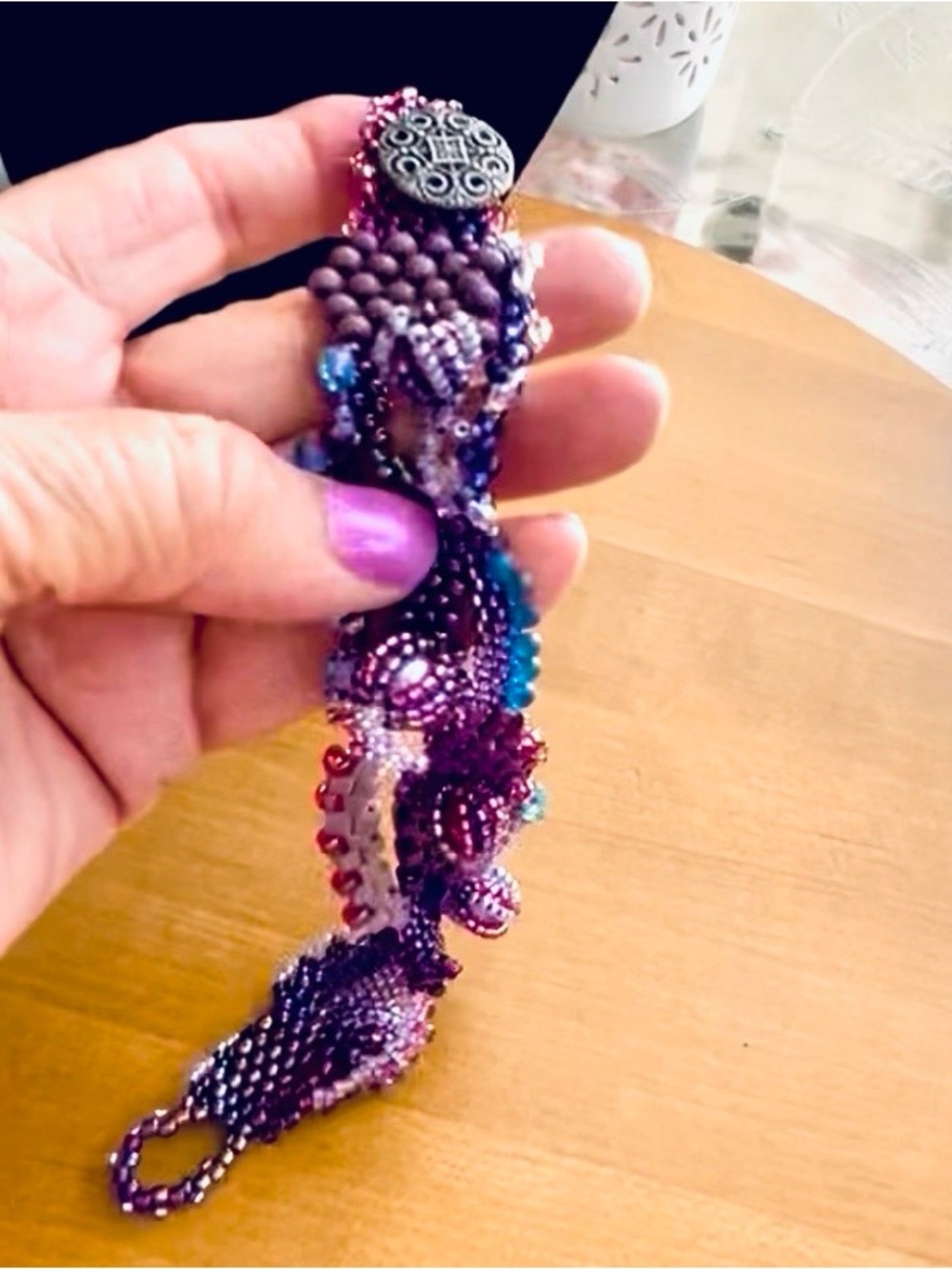 Purple Bracelet Hand Beaded Woven Artisan Funky Boho Unique